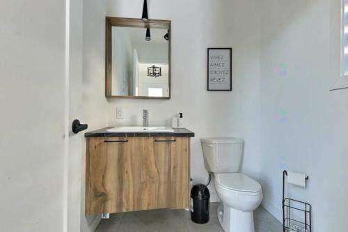 a bathroom with a toilet and a sink and a mirror at Chalet Athena in Pont-Rouge