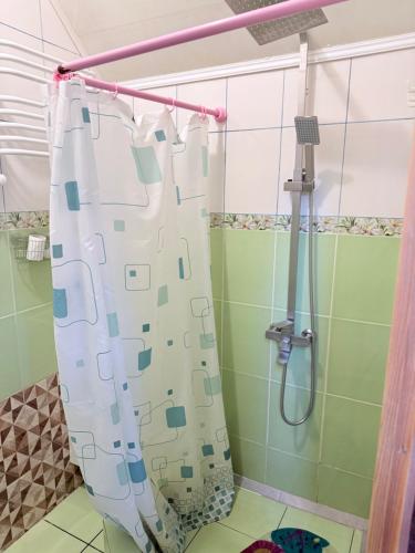 スラブスクにあるНа Двоїхのバスルーム(白いシャワーカーテン付きのシャワー付)が備わります。