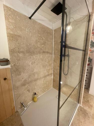 una ducha con puerta de cristal en un baño en La Fontaine, en Beaumont-du-Ventoux
