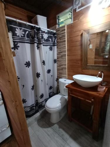 ティグレにあるTinyHouseLosAndesの白いトイレと洗面台のあるバスルーム