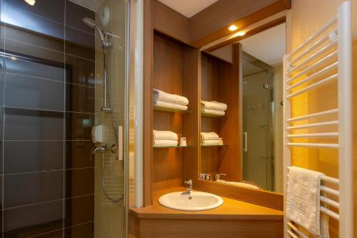 Un baño con lavabo, ducha y espejo. en Village Vacances Le Tarbesou - Pied de piste station Ax 3 Domaines, en Ax-les-Thermes