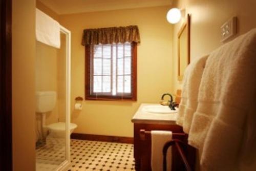 a bathroom with a shower and a sink and a toilet at Cypress Ridge Cottages in Ballandean