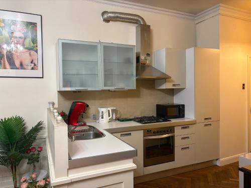 a kitchen with a sink and a stove at Apartment Castle Square z widokiem na Plac Zamkowy i Zamek Królewski in Warsaw