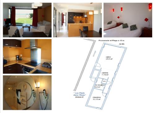 Un collage de fotografías de una cocina y una sala de estar. en Gites "Pieds dans L'Eau" ou "Plage" en FRONT DE MER à Asnelles , 3km d'Arromanches, 10km de Bayeux, en Asnelles