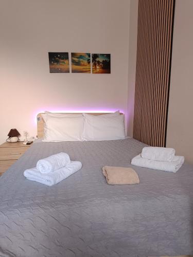 a bedroom with a bed with two towels on it at Ζ&Ζ Studios in Perea