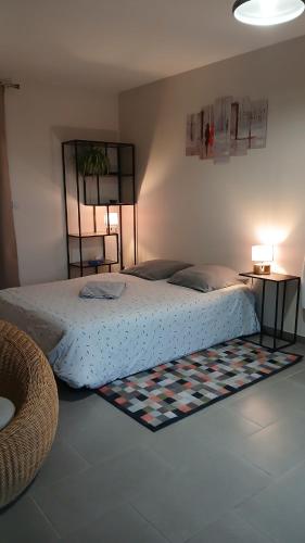 a bedroom with a bed and a rug on the floor at Gite Haute Epine "Ma Vie Là " Studio avec cuisine in Haute-Épine