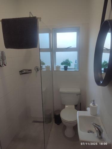 a bathroom with a toilet and a shower and a sink at Linkside lodge in Gqeberha