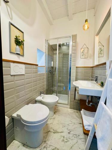 a bathroom with a toilet and a shower and a sink at Aduepassi apartments in Manfredonia