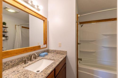 a bathroom with a sink and a mirror and a shower at Snaggys Retreat in Boone