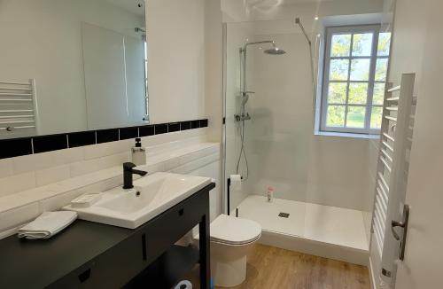 a bathroom with a sink and a shower and a toilet at Château Puybarban in Puybarban