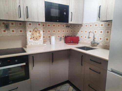 a kitchen with white cabinets and a sink at Apartamento Picos de Europa in Camaleño