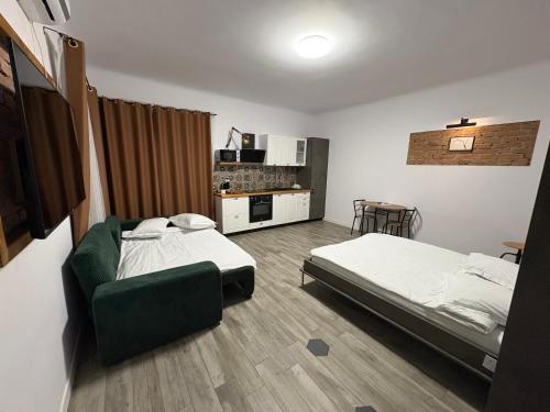 Una habitación de hotel con dos camas y cocina. en Airport Green, en Cluj-Napoca