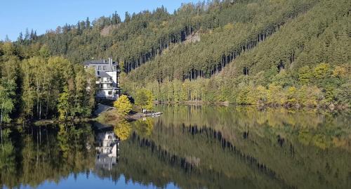 ein Haus am Ufer eines Sees in der Unterkunft Carlsbad Wellness & Camping Resort in Pirkenhammer