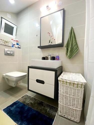 a bathroom with a sink and a toilet and a mirror at New Modern Duplex with Free Parking in Prijepolje