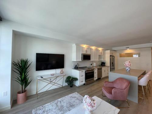 a large living room with a kitchen and a living room at Waterfront large 1 BR with 6 appliances & gym in Halifax