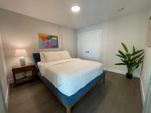 a bedroom with a bed and a potted plant at Spotless & Bright 1 BR downtown with private patio in Halifax