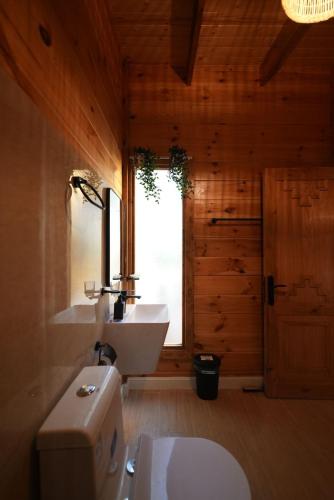 a bathroom with a sink and a toilet and a window at Aviary AlUla 3 in Al-ʿUla