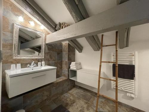 een badkamer met een wastafel en een spiegel bij Le clos gaxen in Labastide-Clairence