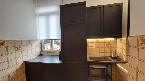 a kitchen with black cabinets and a sink at Appartamento vicino a Firenze in Prato