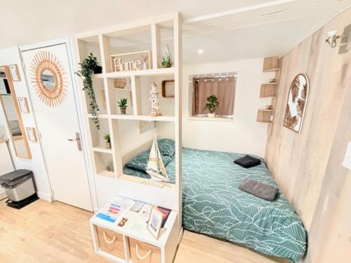 a room with a room with a bed and shelves at Idéal couple ! Le Nid du Bourg - Proche plage et commerces - serviettes de toilette & linge de lit compris in Ouistreham