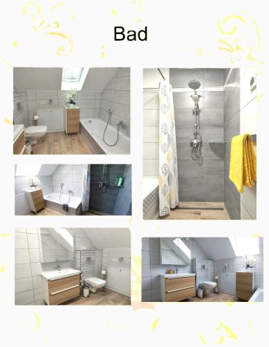 a collage of four pictures of a bathroom at Modern Doppelhaus in Baunatal