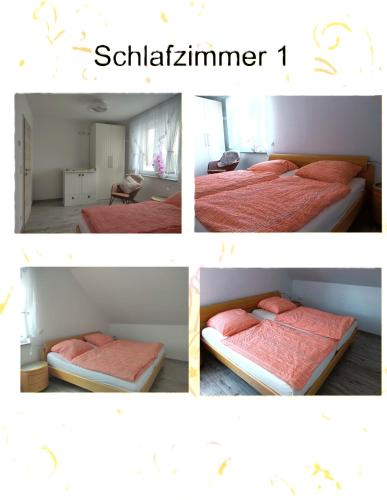 Un collage de cuatro fotografías de un dormitorio con dos camas. en Modern Doppelhaus, en Baunatal