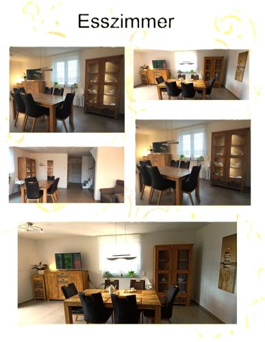 Cuatro imágenes diferentes de un comedor y una mesa de comedor. en Modern Doppelhaus, en Baunatal