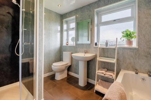 LlanuwchllynにあるGlan Donauのトイレ、洗面台、シャワー付きのバスルーム