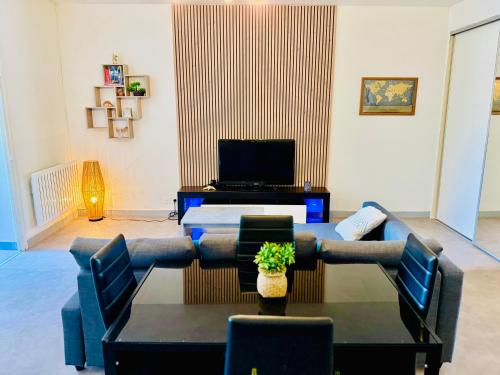 una sala de estar con un sofá y un televisor en Le Continental - Calme et Centre-Ville, en Aix-les-Bains