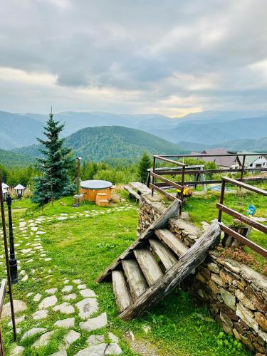 a wooden bench sitting on top of a hill at Pensiunea Casa Ancutei in Ranca