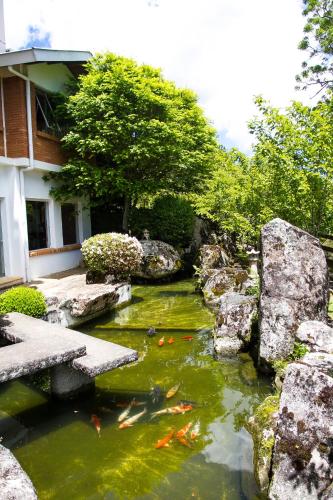 a koi pond in a garden next to a building at Hotel Matsubara in Campos do Jordão