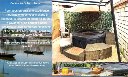 a flyer for a gazebo with a table and an umbrella at SPACIEUX Appart Jacuzzi Terrasse Parking 10min port d'Honfleur Plage in Honfleur
