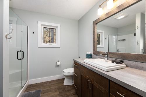 a bathroom with a sink and a toilet and a mirror at The Long Lake Escape in Traverse City