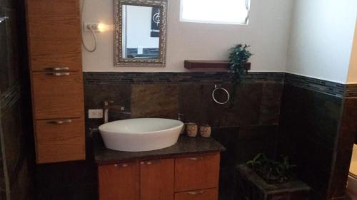 a bathroom with a sink and a mirror on a counter at Hacienda El Palmar D in Vega Baja