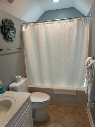 a bathroom with a toilet and a shower curtain at Avoca Room at The Inn, Occano Arnold Palmer Golf Course 