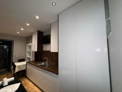 una cucina con mobili bianchi e un lavandino di La Villa Bnb a Tirana