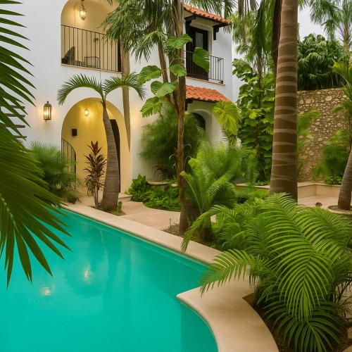 a swimming pool in front of a house with palm trees at DezMont Guest House in Mérida