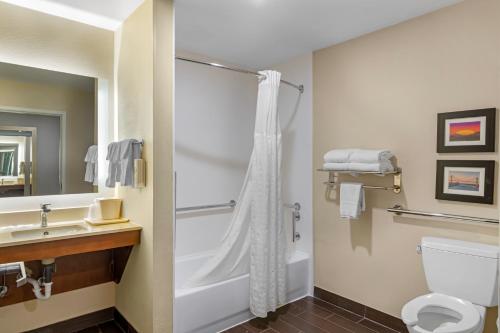 サバンナにあるComfort Suites Savannah Gateway I-95のシャワー、トイレ、洗面台を備えたバスルーム