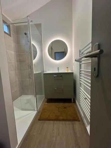 a bathroom with a shower and a sink with a mirror at Escapade grenadoise in Larrivière