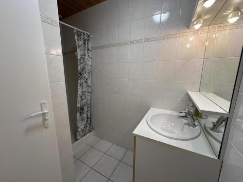 een badkamer met een wastafel en een douche bij Le gite de nogaro in Pontonx-sur-lʼAdour