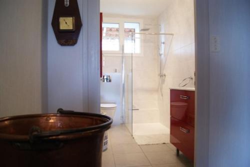 Serreslous-et-ArribansにあるMaison jeanbordeのバスルーム(シャワー付)、壁掛け時計が備わります。