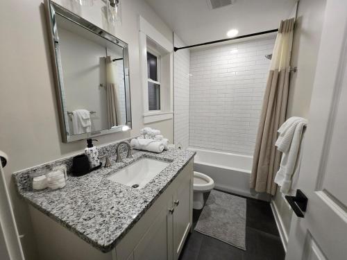 een badkamer met een wastafel, een toilet en een spiegel bij FlexNestLLC in Indianapolis