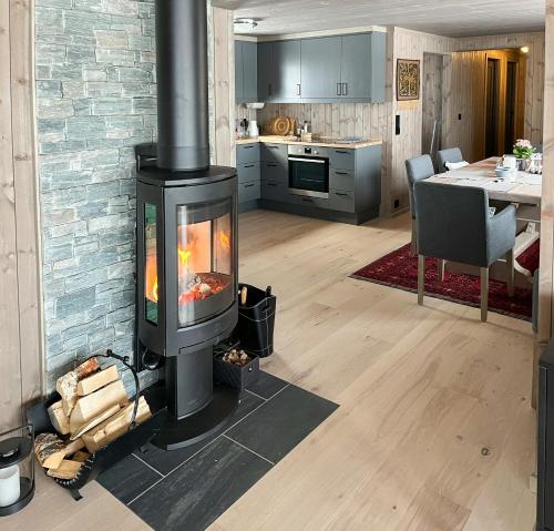 un soggiorno con camino e cucina di Nature-Close Cabin By The Water a Eggedal