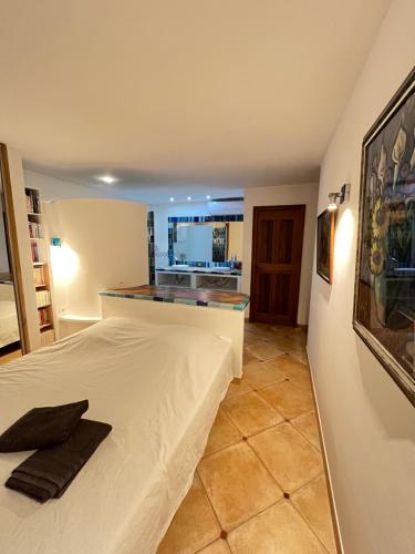 a bedroom with a white bed and a kitchen at Villa la Casa in Montauroux