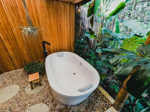 a white toilet in a bathroom with plants at Element Quindío in Boquía