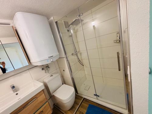 Spacious 72 sqm Moselblick apartment & top connection في ترير: حمام مع دش ومرحاض ومغسلة