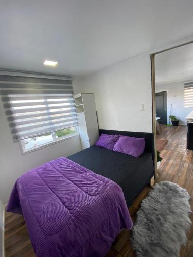 a bedroom with a purple bed and a window at Cabañas Martina in Cartagena
