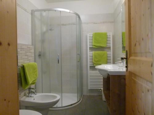 a bathroom with a shower and a sink at Gassbauerhof Ferienwohnung Ass in Schenna