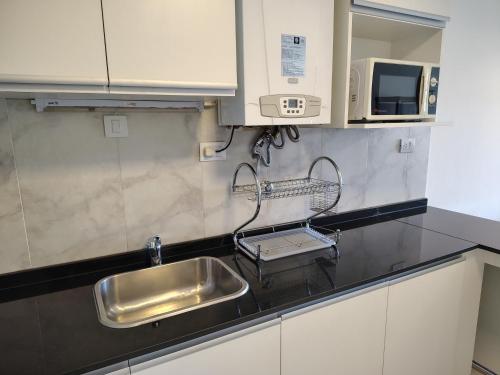 Departamento del Lago II في سان كارلوس دي باريلوتشي: مطبخ مع حوض وميكروويف