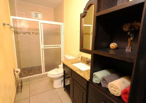 a bathroom with a shower and a toilet and a sink at Rocky Point Casa Mango w Pool Walk to Beach in Ciudad Constitución